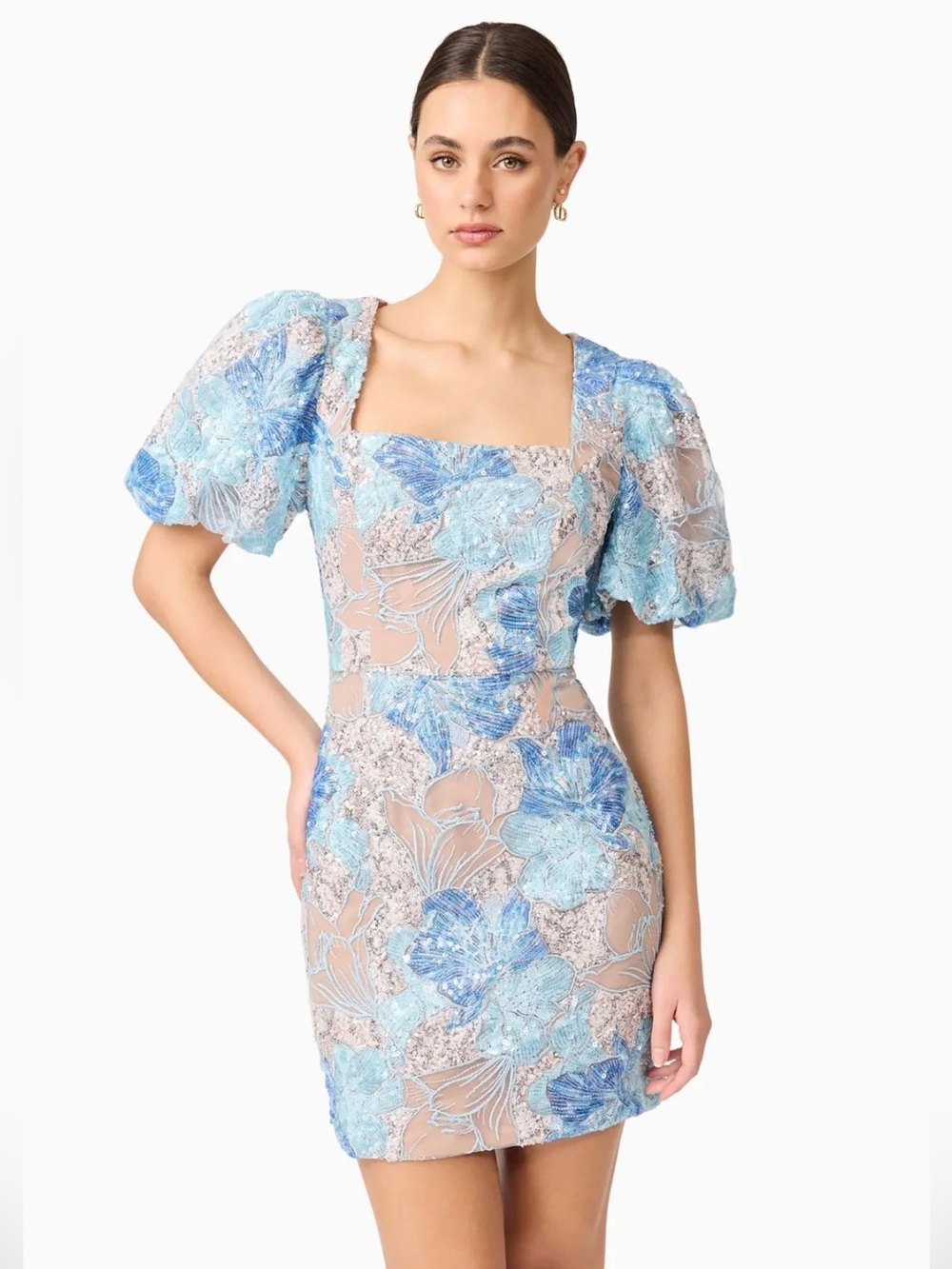 Elliatt Leonie Sequin Embroidered Puff Sleeve Mini Dress NEW
